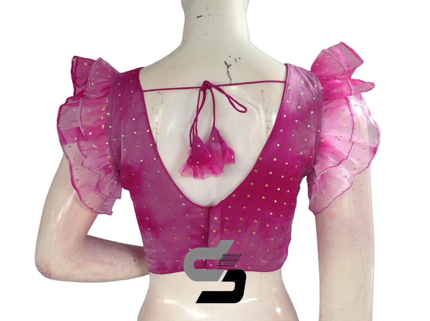 Magenta Marvel, Tie Dye Designer V Neck Georgette Saree Blouse with Ruffle Sleeves - D3blouses