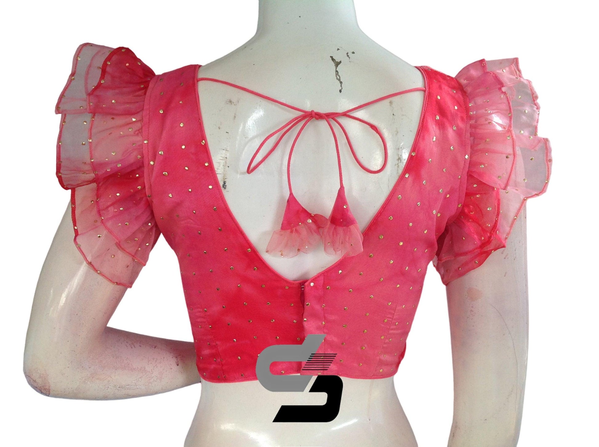 Pink Paradise, Tie Dye Designer V Neck Georgette Saree Blouse with Ruffle Sleeves - D3blouses