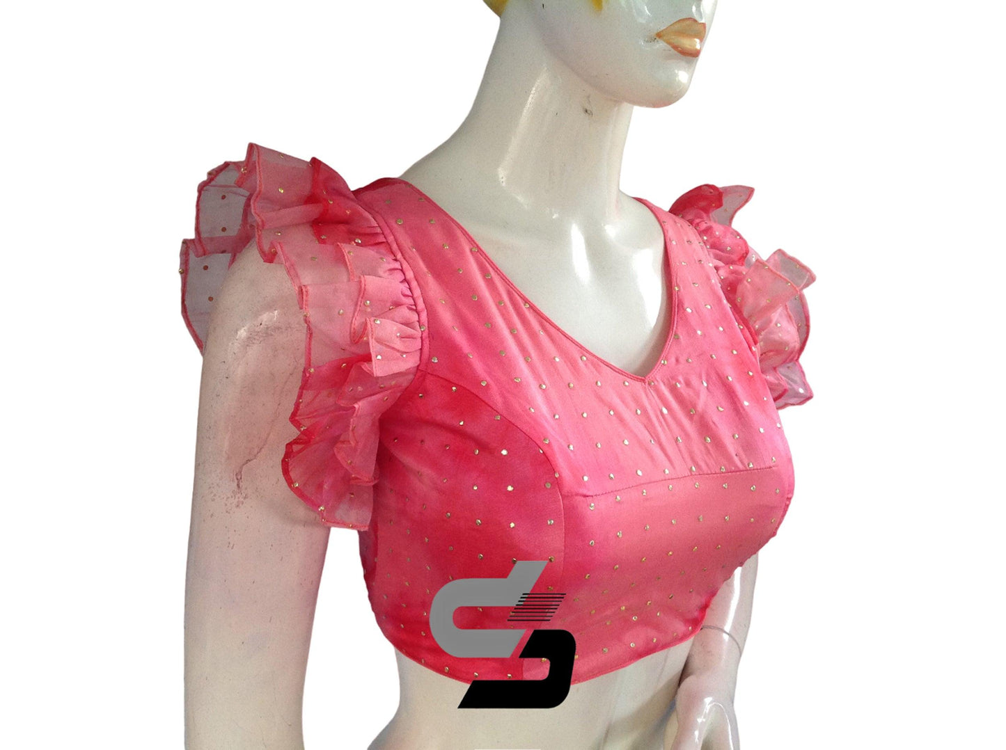 Immerse yourself in elegance with our Pink Paradise Tie Dye Designer V Neck Georgette Saree Blouse, featuring chic ruffle sleeves for a stylish and contemporary flair.