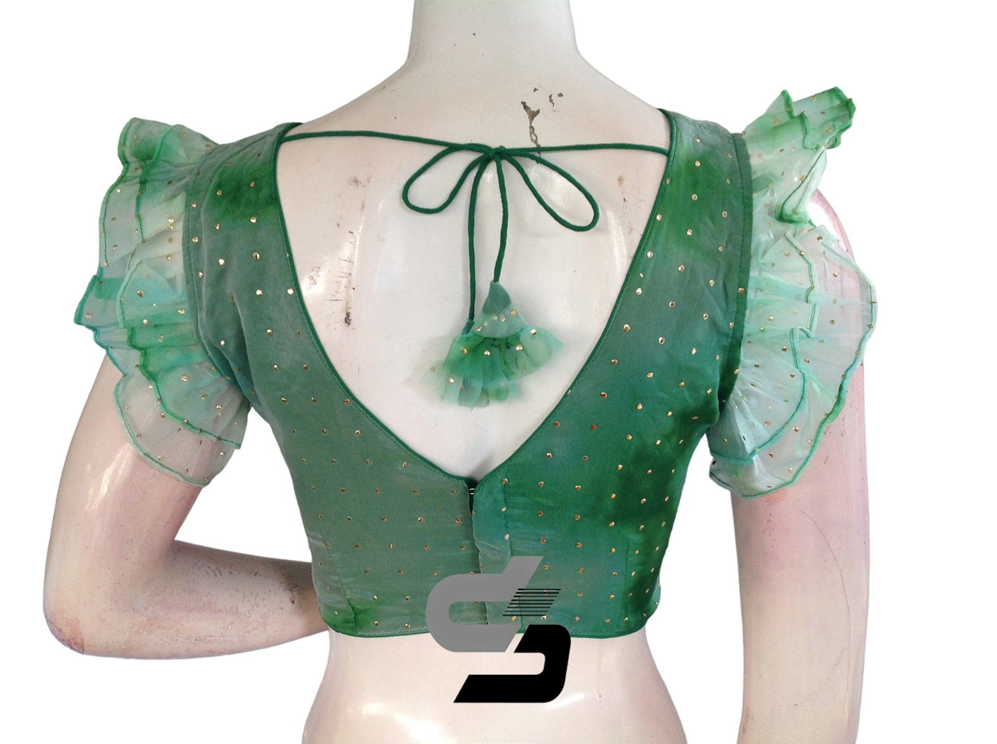 Green Oasis, Tie Dye Designer V Neck Georgette Saree Blouse with Ruffle Sleeves - D3blouses