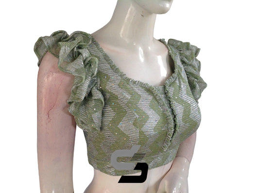 Green Color Shimmering Lycra Designer Readymade Saree Blouse with Ruffle Sleeves