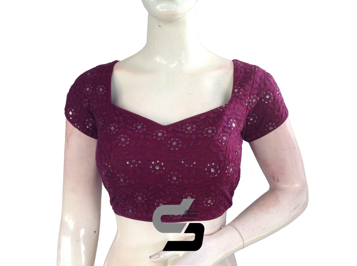 Dark Purple Color Floral Net Embossed Embroidery Readymade Saree Blouse - D3blouses