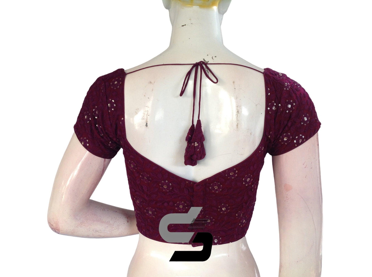 Dark Purple Color Floral Net Embossed Embroidery Readymade Saree Blouse - D3blouses