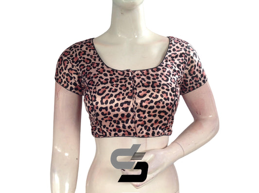 Pastel Pink Color Satin Printed Readymade saree Blouse With Short Sleeves and Matching Mask - D3blouses