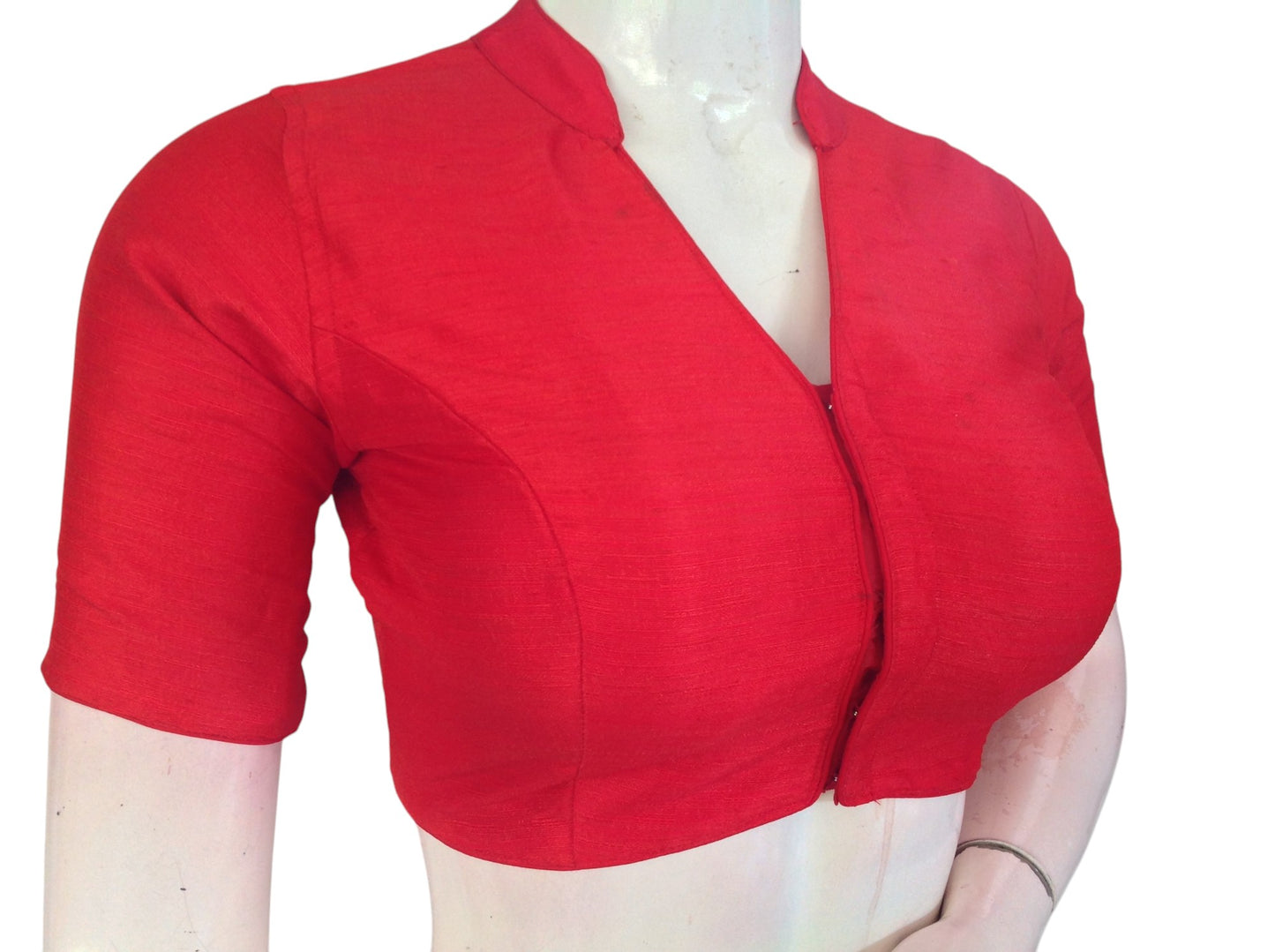 Red Semi Raw Silk Saree Blouse β Collar Neck, Stitched & Ready to Wear with Cotton Lining