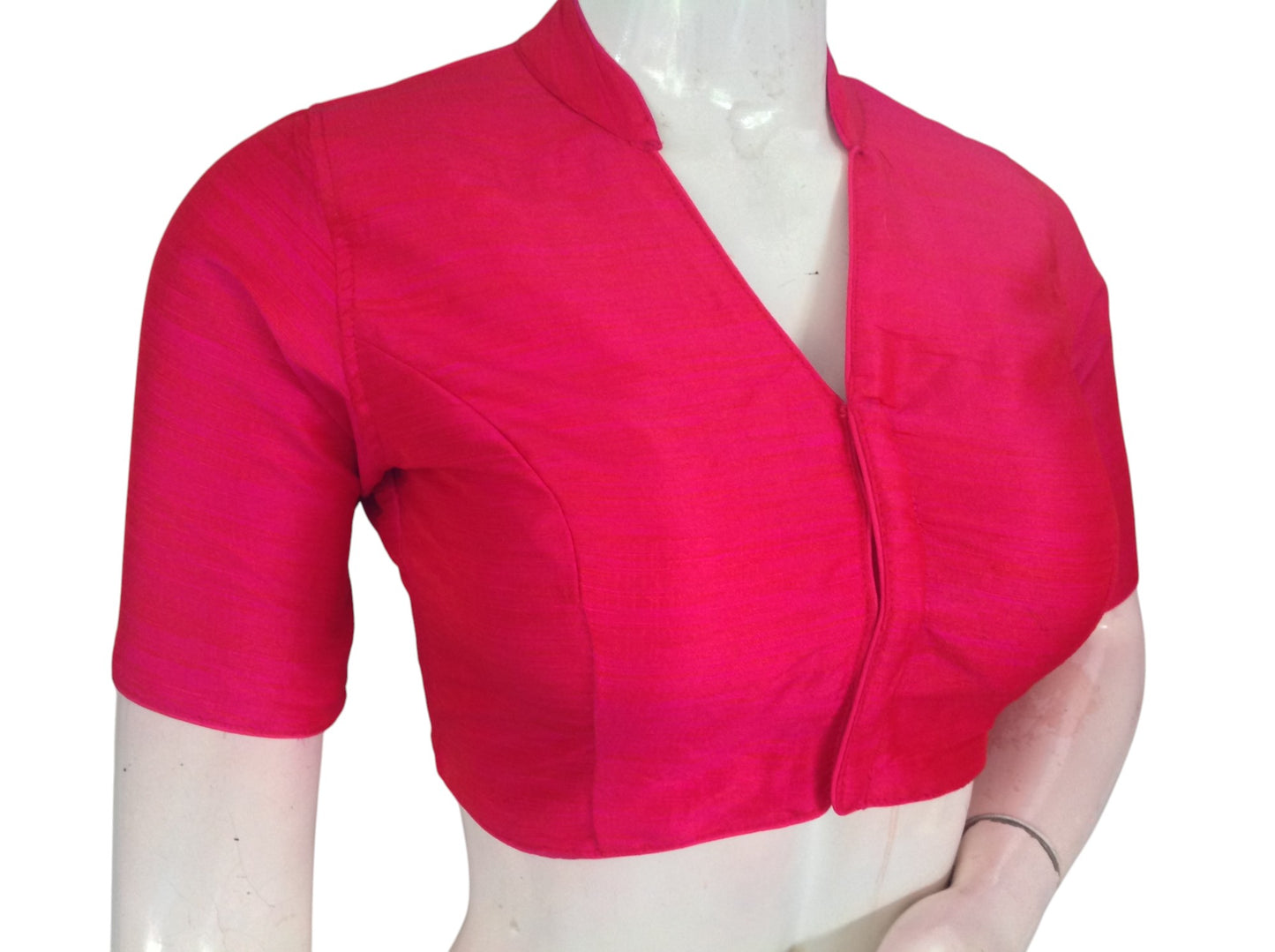 Pink Color Semi Raw Silk Saree Blouse β Collar Neck, Stitched & Ready to Wear with Cotton Lining