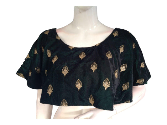 Dark Green Velvet Ponchos Readymade Saree Blouse, Indian Designer Choli Top