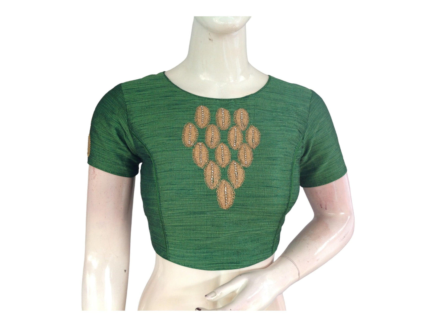 Green Color Semi Silk Designer Embroidery Croptop Blouse, Indian Readymade Saree Blouse
