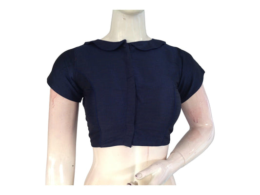Navy Blue Semi Silk Plain PeterPan Collar Readymade saree blouse