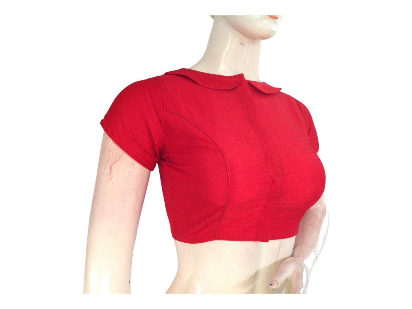 Red Color Semi Silk Plain PeterPan Collar Readymade saree blouse - D3blouses