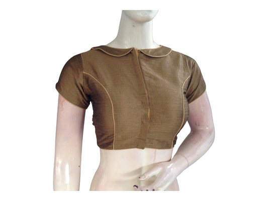 Greyish Gold Semi Silk Plain PeterPan Collar Readymade saree blouse