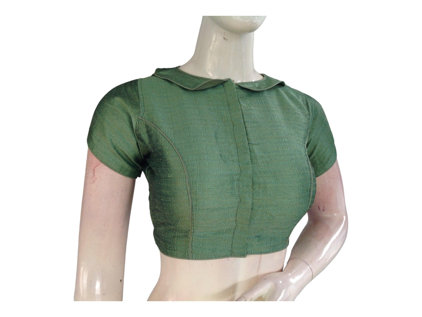 Green Semi Silk Plain PeterPan Collar Readymade saree blouse - D3blouses