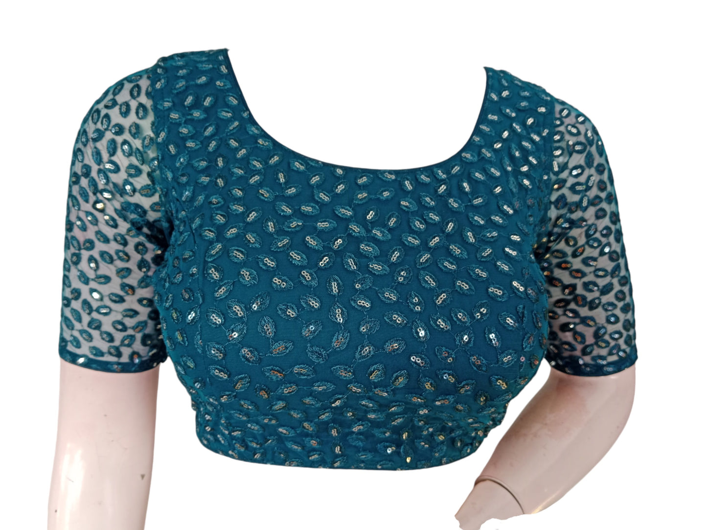 Teal Blue Embroidered Netted Saree Readymade Blouse