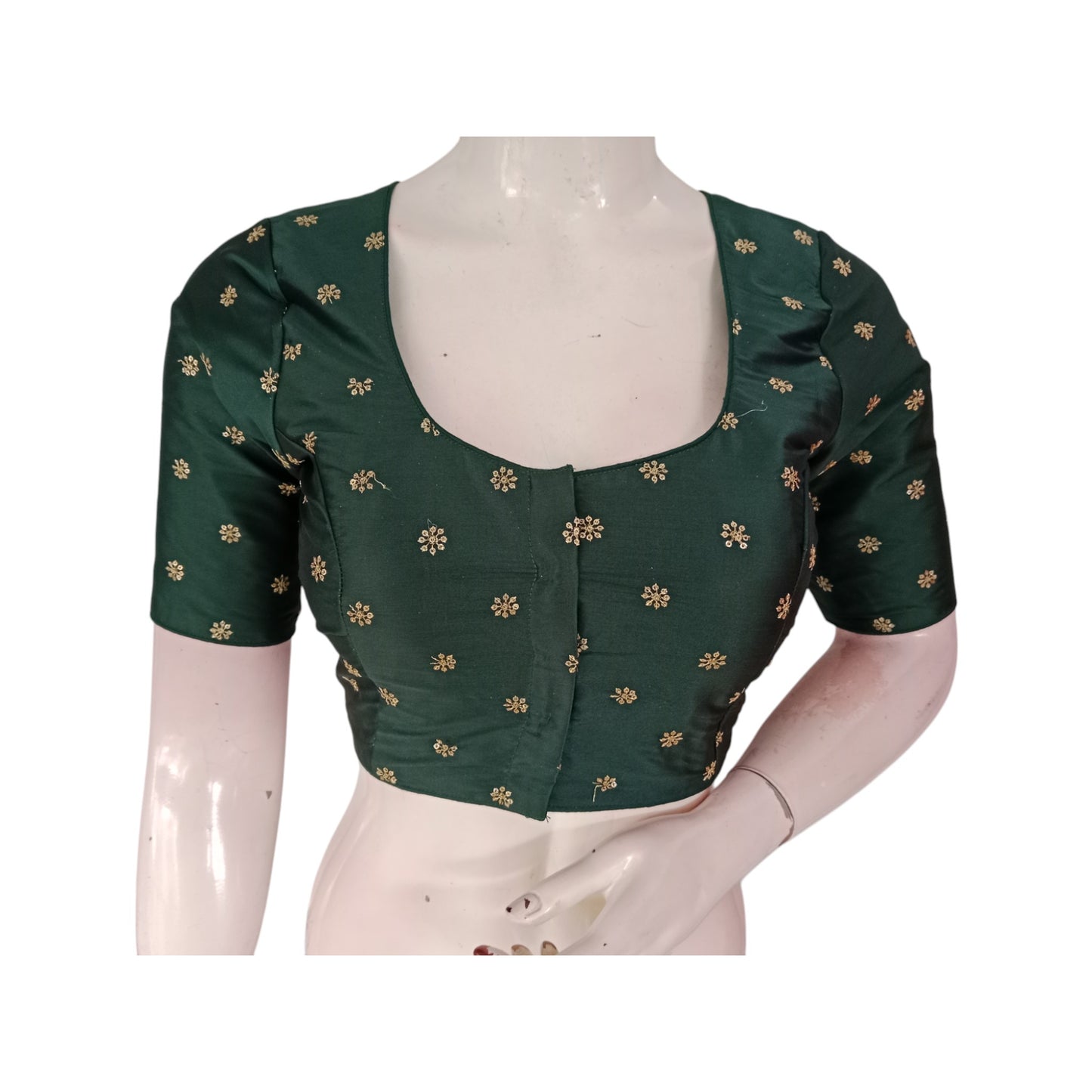 Forest Green Elegance: Dark Green Semi-Silk Blouse with Intricate Embroidery