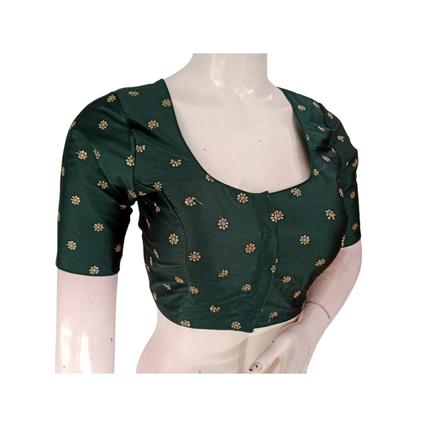 Forest Green Elegance: Dark Green Semi-Silk Blouse with Intricate Embroidery