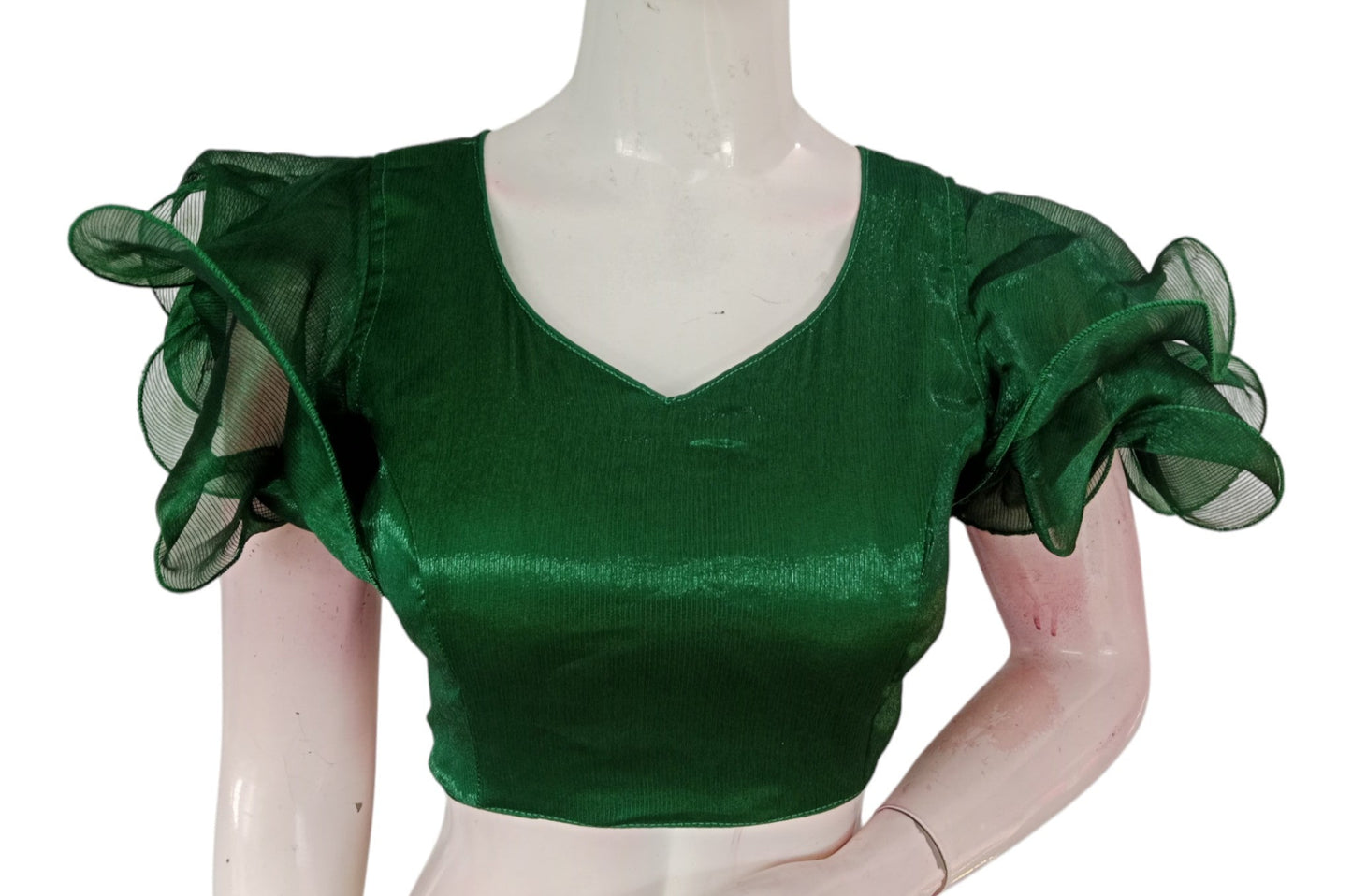 Green Color Organza Ruffle Sleeve Saree Blouse | Unique Designer Choli