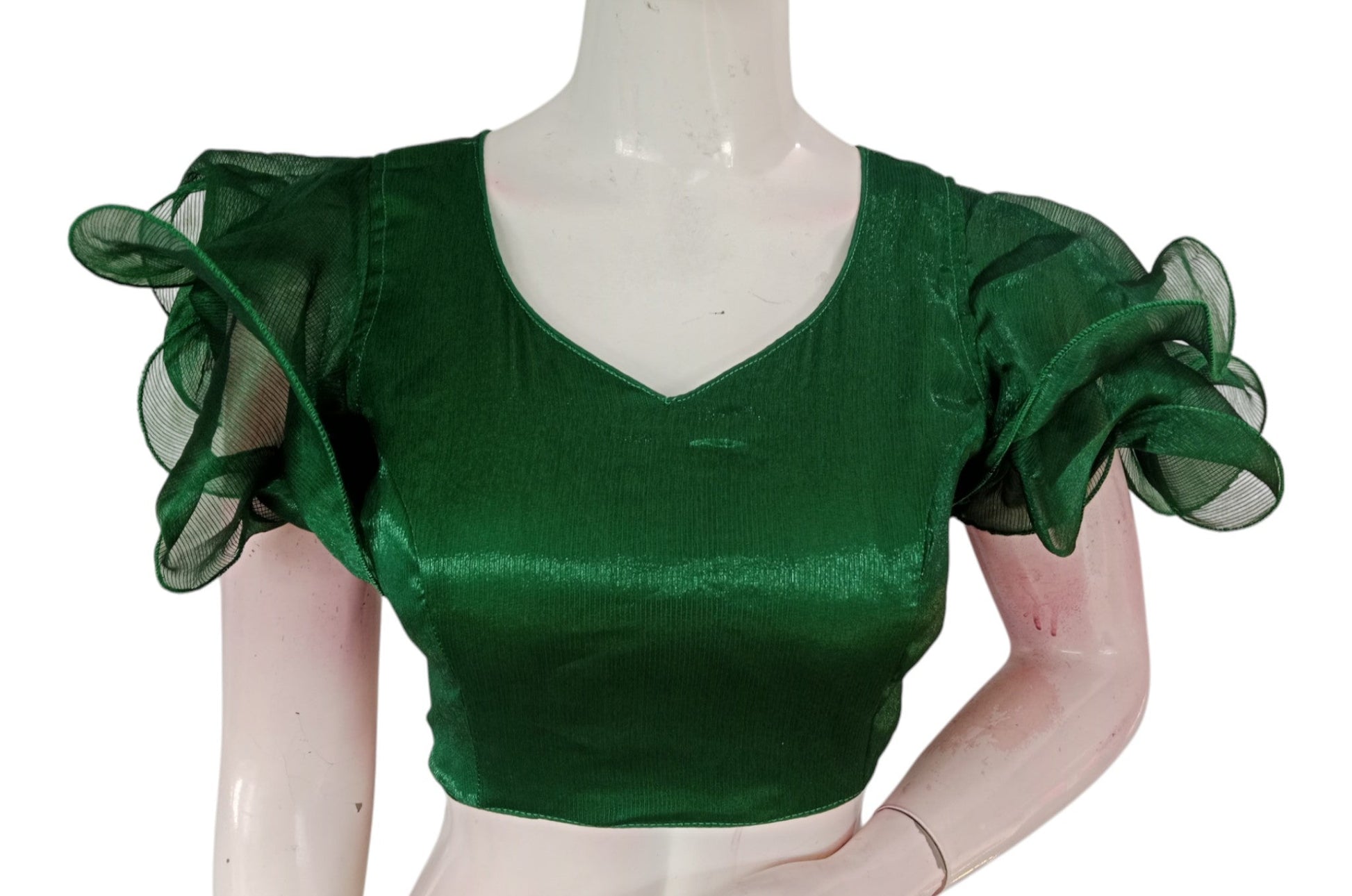 Green Color Organza Ruffle Sleeve Saree Blouse | Unique Designer Choli