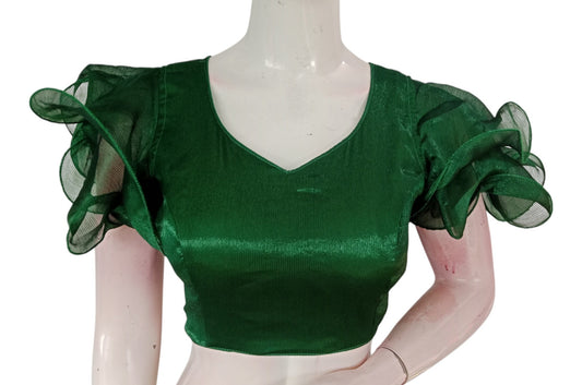 Green Color Organza Ruffle Sleeve Saree Blouse | Unique Designer Choli