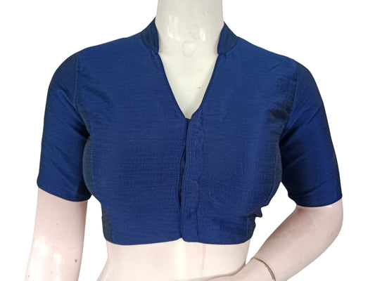 Navy Blue Semi Raw Silk Saree Blouse – Collar Neck, Stitched & Ready to Wear with Cotton Lining & Padding