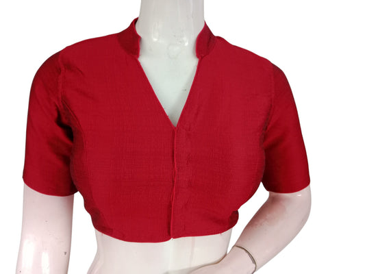 Maroon semi raw silk collar neck saree blouse, stitched and padded with cotton lining, ready to wear blouse for traditional sarees