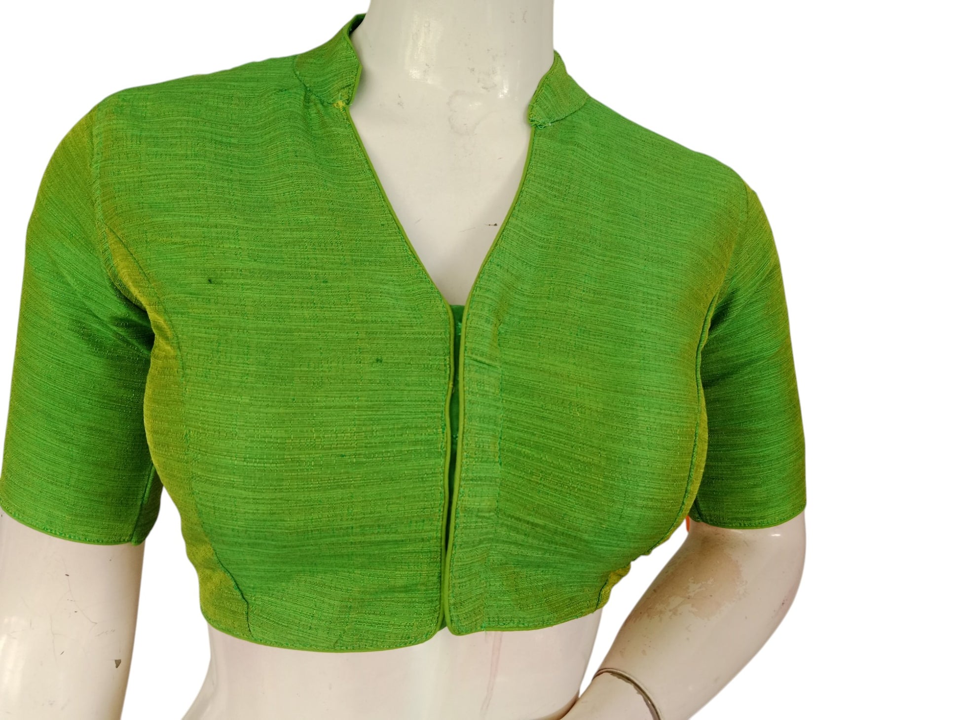 Parrot Green semi raw silk collar neck saree blouse with cotton lining, padded and stitched, ready to wear for women
