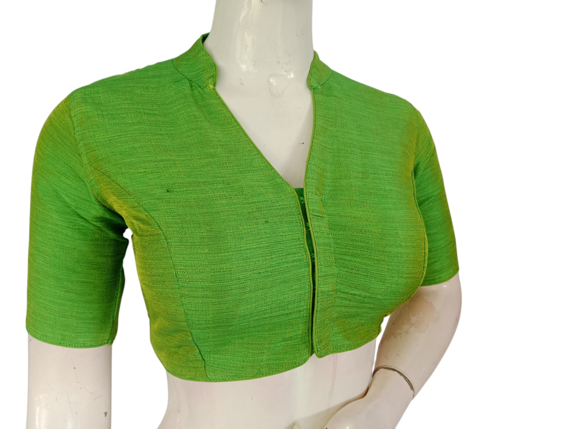 Parrot Green semi raw silk collar neck saree blouse with cotton lining, padded and stitched, ready to wear for women