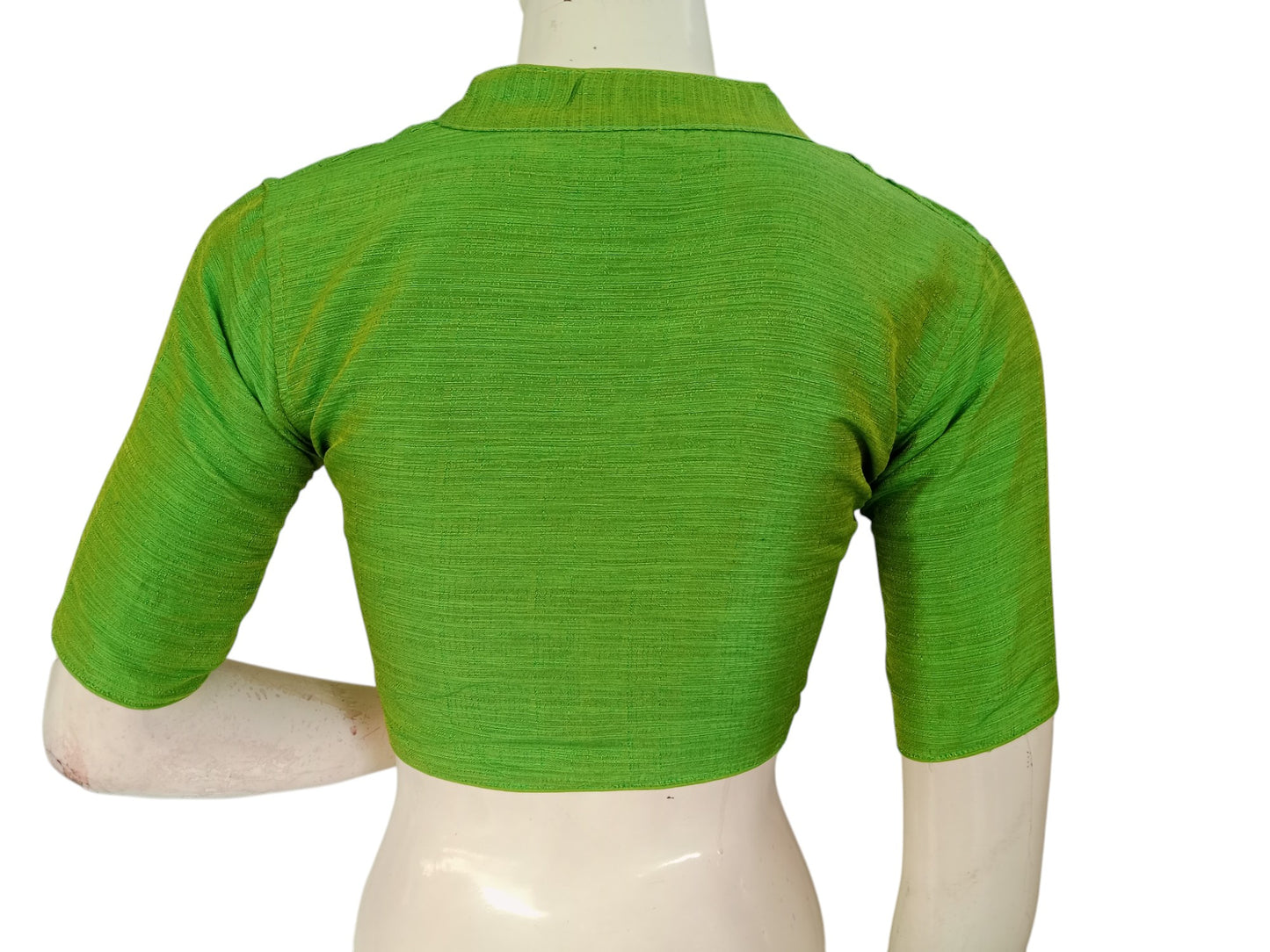 Parrot Green Semi Raw Silk Saree Blouse β Collar Neck, Stitched & Ready to Wear with Cotton Lining