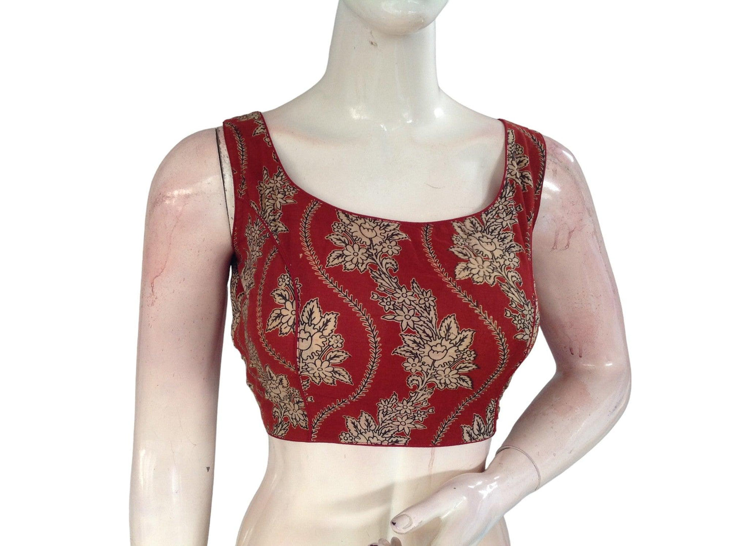 Chic Maroon Kalamkari Saree Blouses, Indian Cotton Designer Collection