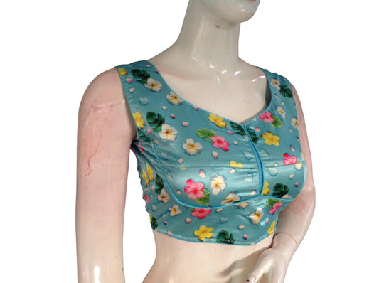 Blue Color Floral Satin Printed Designer Readymade Saree Blouse