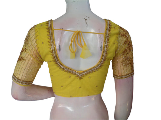 Yellow Color Designer Netted Aari Handwork Readymade Saree Blouses