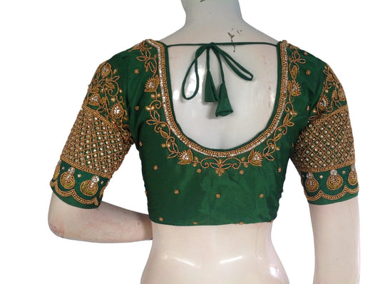 Green Color Bridal Handwork Readymade Saree Blouse, Indian Ethnic Blouse