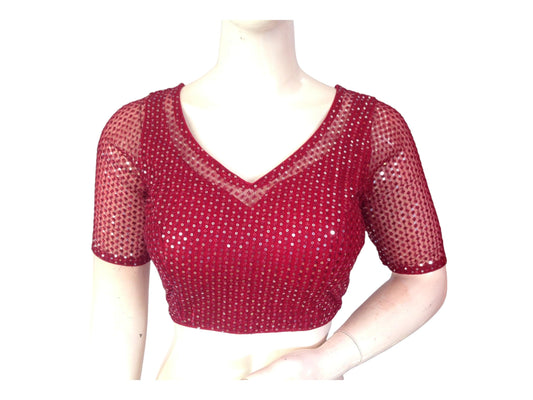 Maroon Color Netted Embroidery Sequins Readymade Saree Blouse, Indian Designer Choli top