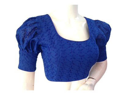 Blue color Saree Blouse, Readymade Saree Blouse, Hakoba Cotton Puff sleeves Blouse