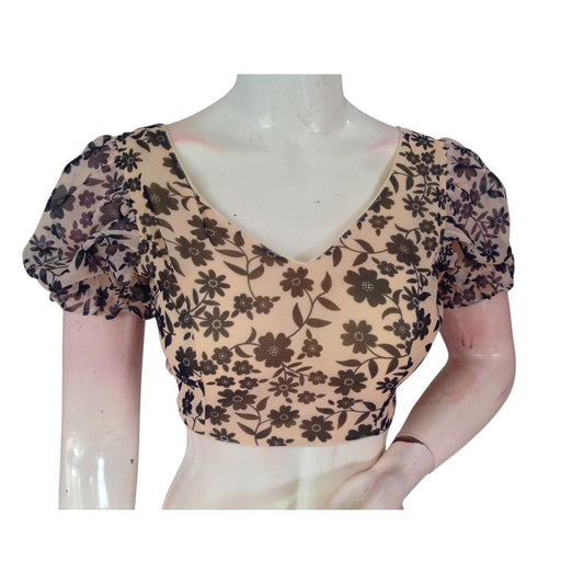 Soft and Sweet: Beige Color Organza Puff Sleeve Blouse