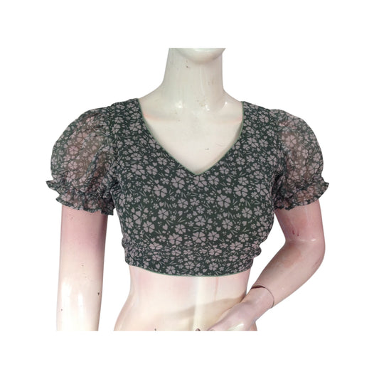 Earthy Elegance: Olive Green Designer Organza Puff Sleeve Blouse
