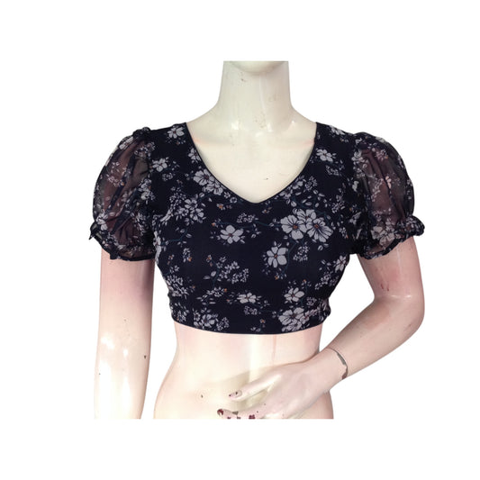 Midnight Blue Magic: Dark Navy Organza Puff Sleeve Readymade Blouse