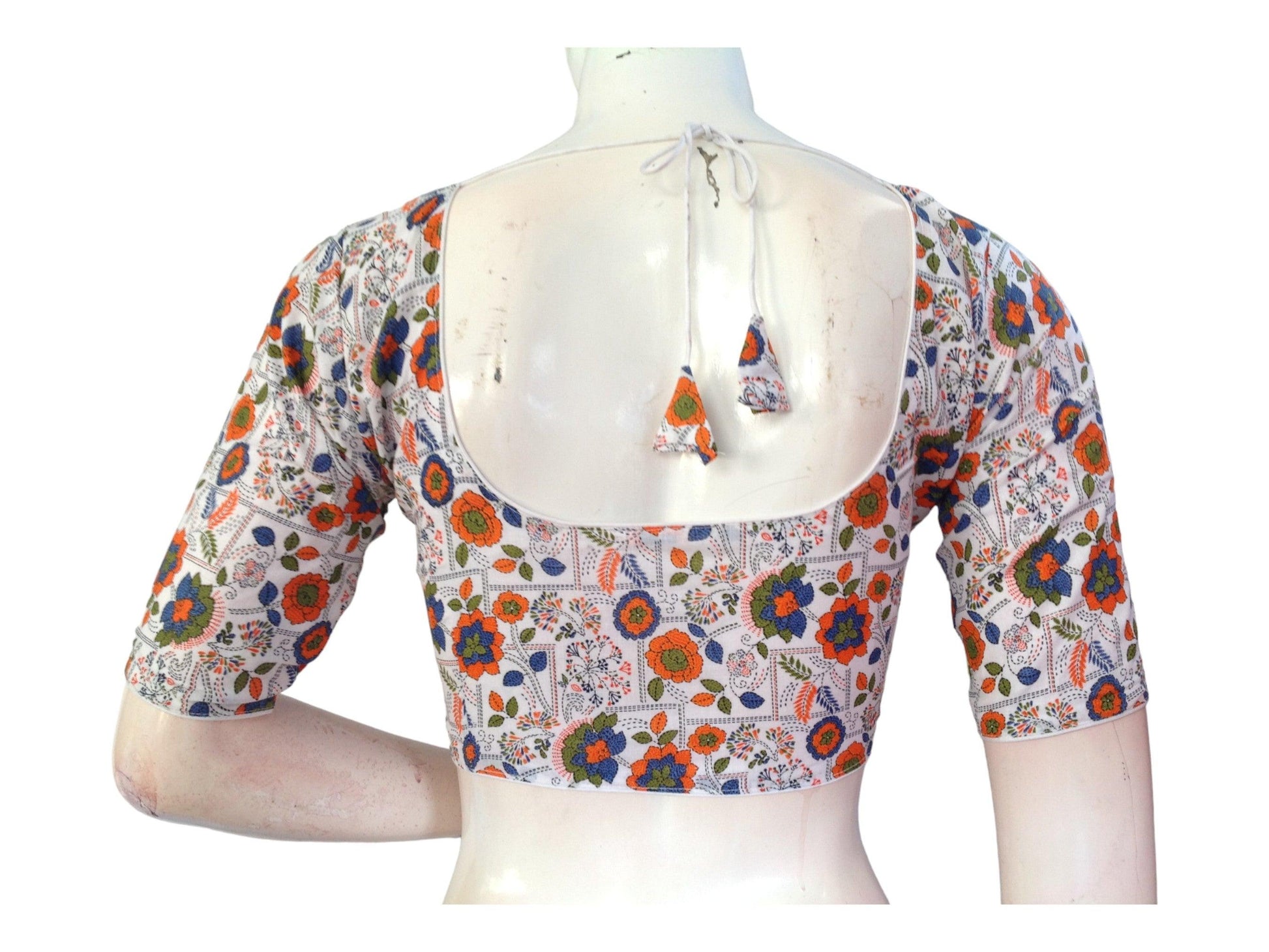 White Color Cotton Floral Printed Saree Blouse, Indian Readymade Blouse, Cotton Choli Top - D3blouses