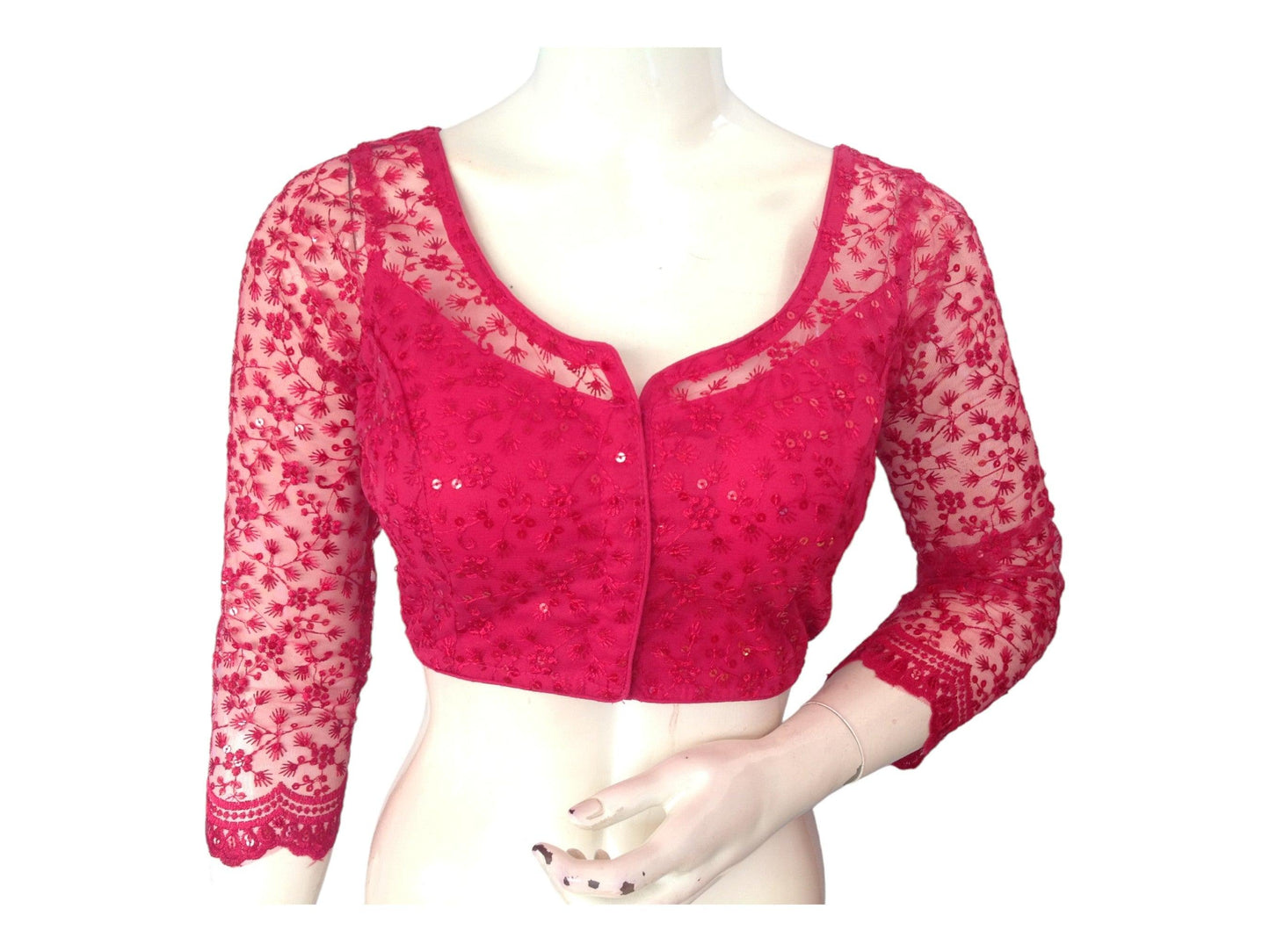 Raspberry Pink Saree Blouse, Net Designer Readymade Blouse, Bracelet Sleeves Choli top - D3blouses
