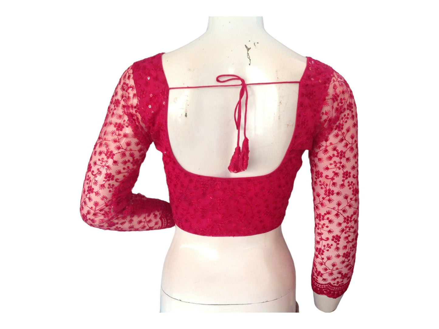 Raspberry Pink Saree Blouse, Net Designer Readymade Blouse, Bracelet Sleeves Choli top - D3blouses