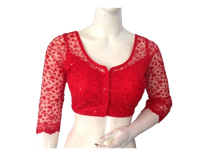 Red Saree Blouse, Net Designer Readymade Blouse, Bracelet Sleeves Choli top