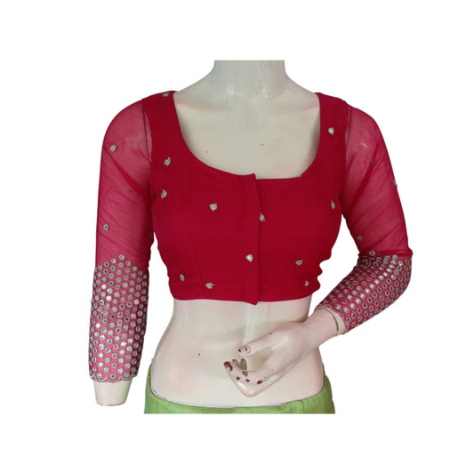 Rani Pink Elegance: Designer Net Foil Mirror Blouse with Bracelet Sleeve