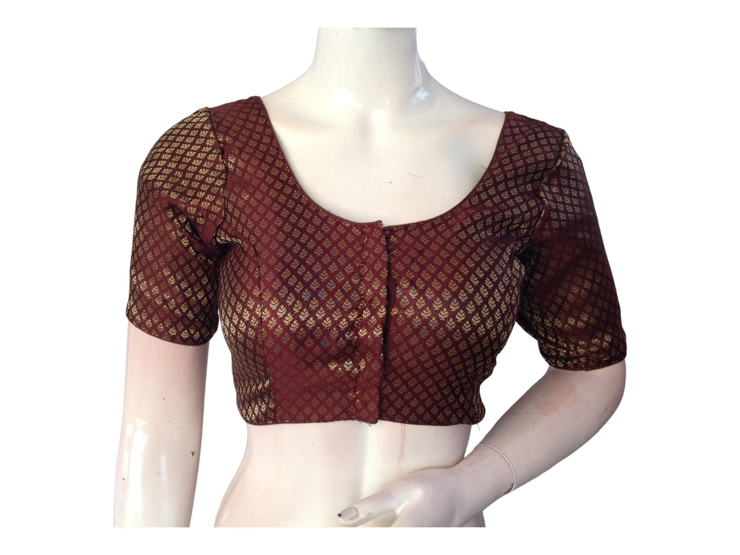 Dark Brown Color Brocade Readymade Saree Blouse, Indian Plus Size Blouses