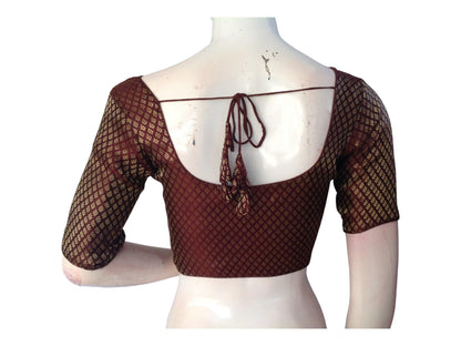 Dark Brown Color Brocade Readymade Saree Blouse, Indian Plus Size Blouses