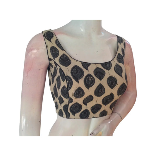 Artisan Beige Kalamkari Sleeveless Readymade Blouse - Subtle Sophistication - D3blouses