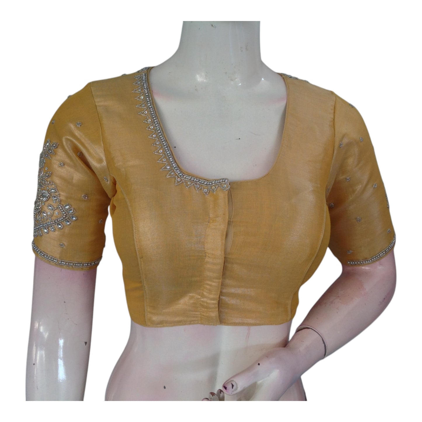 Luminous Pastel Yellow Blouse | Silver Aari Detail | Tissue Silk