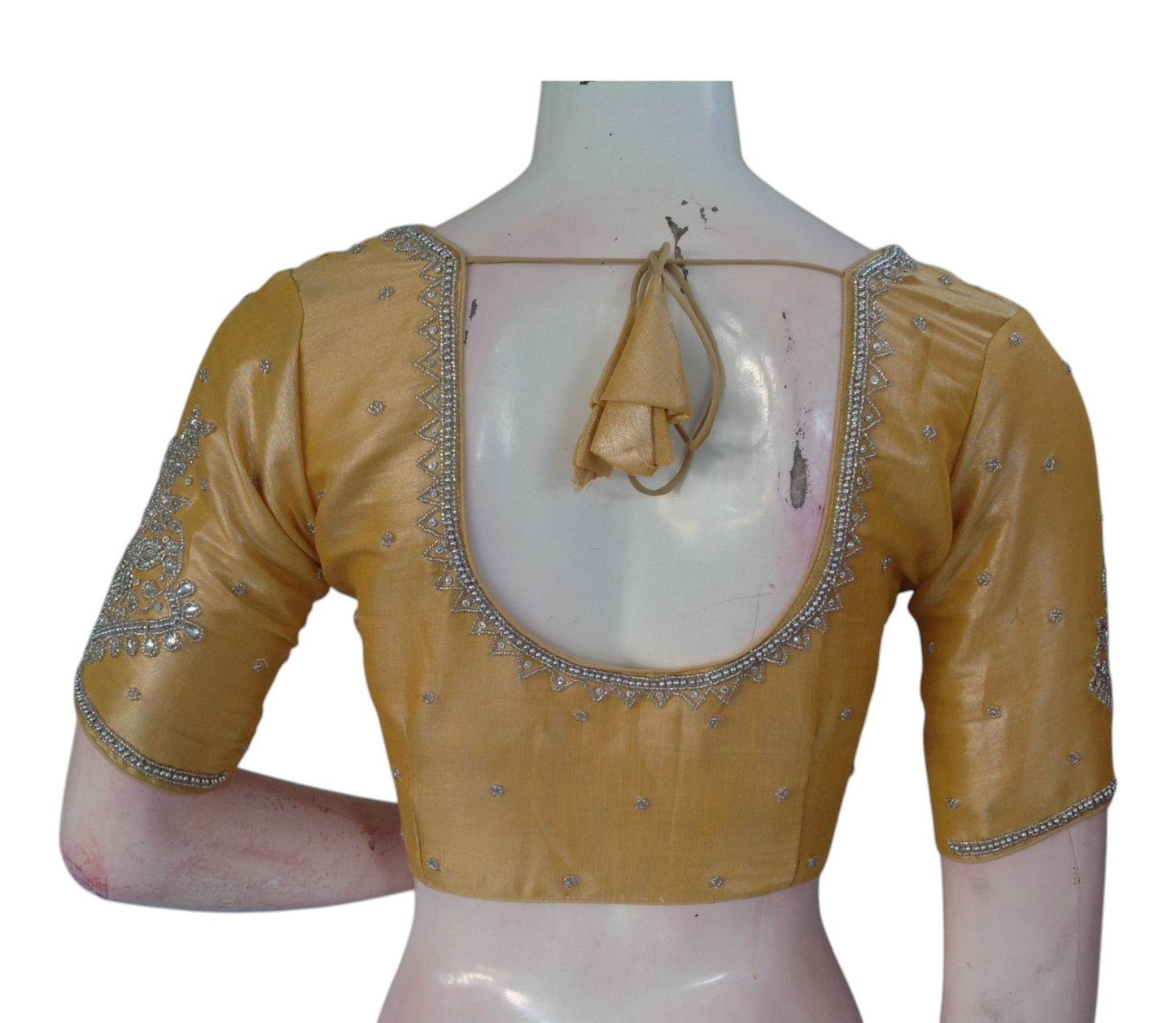 uminous Pastel Yellow Blouse | Silver Aari Detail | Tissue Silk"