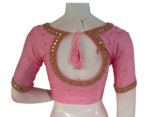 Pastel Pink Color Silk Blouse | Mirror Aari Work | Bridal Elegance