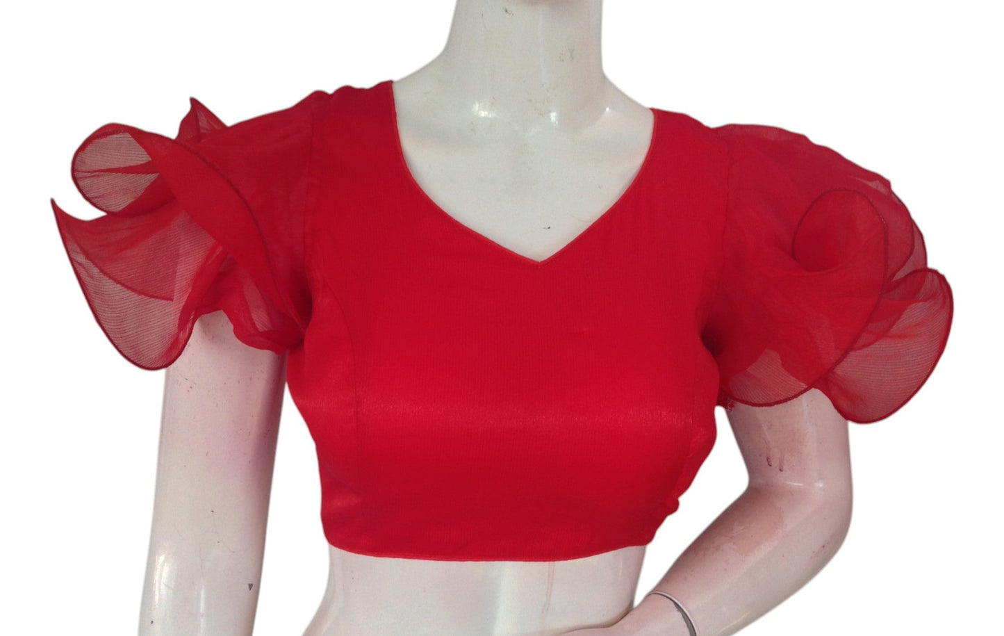 Scarlet Red Organza Ruffle Sleeve Readymade Saree Blouse | Modern Designer Choli