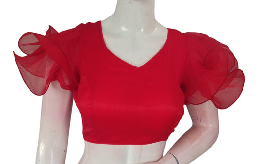 Scarlet Red Organza Ruffle Sleeve Readymade Saree Blouse | Modern Designer Choli