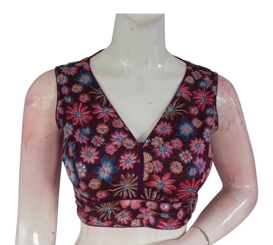 Glamorous Dark Wine Sequin Organza Blouse | Party Wear | Indian Designer Blouse